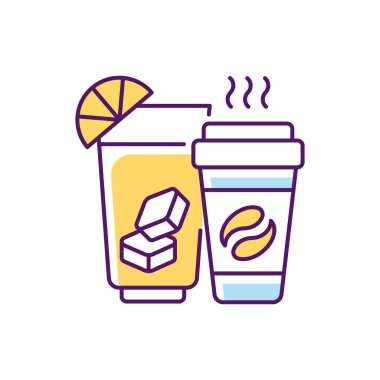 İçecekler ve içecekler RGB renk simgesi. Soda, meyve suyu, depo ve mağazalardan bira sipariş etmek. Taze kavrulmuş kahve, çay. Kafein içeriyor. Çevrimiçi içki dükkanı. İzole vektör illüstrasyonu