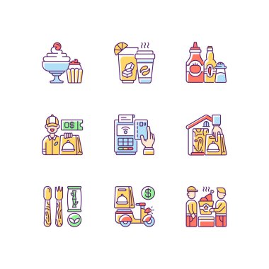 Teslimat ve paket RGB renk simgeleri ayarlandı. İçkiler ve içecekler. Baharatlar ve soslar. Tatlılar. Hazır yemek tabakları. Nakitsiz ödeme. Tek kullanımlık çatal bıçak takımı. Yemek teslimatı. İzole vektör çizimleri