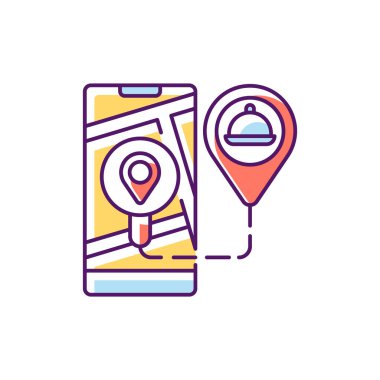 Gerçek zamanlı olarak RGB renk simgesini takip ediyorum. Gerçek zamanlı görüş ve kontrol. Harita tabanlı görünüm. Restorandan eve yemek izleniyor. Restoran dağıtım yönetim yazılımı. İzole vektör illüstrasyonu