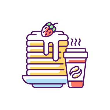 Kahvaltı öğünleri RGB renk simgesi. Hazır yemek. Krep ve kahve. Dengeli sabah yemekleri. Brunch tarifleri. Taze malzemeler ve kaliteli yiyecekler. Kafein içecekleri. İzole vektör illüstrasyonu