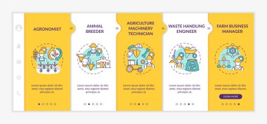 Üst düzey tarım kariyerleri vektör şablonunda. Agronomistlerin çalıştığı yer. Çiftlik hayvanı yetiştiricisi. Simgeli ilgili mobil web sitesi. Web sayfası basamak ekranları. RGB renk kavramı