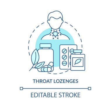 Boğaz pastilleri konsept simgesi. Boğaz tedavisi fikri ince çizgi çizimi. Acıyı dindirmek için. Bal ve mentollü malzemeler. Vektör izole edilmiş RGB renk çizimi. Düzenlenebilir vuruş