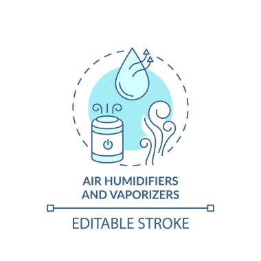 Hava nemlendirici ve buharlaştırıcı konsept ikonu. Hava fikrine ince çizgi çizimine nem ekleniyor. Enfeksiyonlara karşı koruma. Vektör izole edilmiş RGB renk çizimi. Düzenlenebilir vuruş