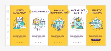 Fiziksel sağlık vektör şablonunda. Travma tedavisi. Vücut bakımı, ergonomik. Atletizm eğitimi. Simgeli ilgili mobil web sitesi. Web sayfası basamak ekranları. RGB renk kavramı