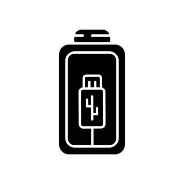 Batarya kablo siyah kablo simgesi kullanarak şarj oluyor. Çalışan farklı akıllı aygıtlar çalışma süresini artırıyor. Şarj aletini tak. Çalışma gücü alıyorum. Beyaz uzayda siluet sembolü. Vektör izole illüstrasyonu