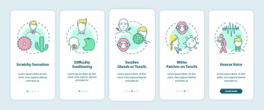 Mobil uygulama sayfasında kavramlarla boğaz ağrısı belirtileri var. Kaşındırıcı his, boğuk sesli yürüyüş 5 adım grafik talimatlar. RGB renk resimleriyle UI vektör şablonu