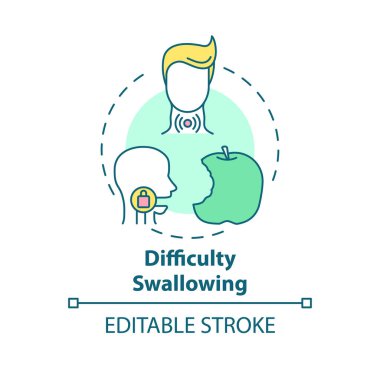 Difficulty swallowing concept icon. Sore throat symptom idea thin line illustration. Dysphagia. Food getting stuck in throat sensation. Vector isolated outline RGB color drawing. Editable stroke clipart