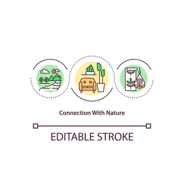 Doğa konsepti ikonu ile bağlantı. Evin içinde yeşillik var. Bitkilerle dolu bir yaşam alanı. Biyofili fikri ince çizgi çizimi. Vektör izole edilmiş RGB renk çizimi. Düzenlenebilir vuruş