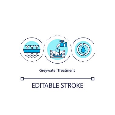 Greywater tedavi konsepti. Sürdürülebilir su tüketimi. Kamu hizmetlerinde tekrar kullanım israfı. Biyofili fikri ince çizgi çizimi. Vektör izole edilmiş RGB renk çizimi. Düzenlenebilir vuruş