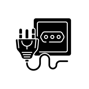 Elektrik prizi siyah kabartma simgesi. Ev aletlerini takmak için L tipi soket. Cihaz kablosunu kes. Teknik kablo. Ev gücü üretimi. Beyaz uzayda siluet sembolü. Vektör izole illüstrasyonu