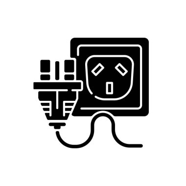 Kablolu siyah kablo simgesi için çıkış noktası. Fişte birden fazla pim var. Güç kaynağı için soket. Cihaz kablosunu kes. Ev enerjisi üretimi. Beyaz uzayda siluet sembolü. Vektör izole illüstrasyonu