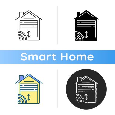 Garaj kapısı açma ikonu Smart House 'un gelecekteki teknolojileri. Araba tamircisi. Daha rahat bir yaşam için bir cihaz. Lineer siyah ve RGB renk stilleri. İzole vektör çizimleri