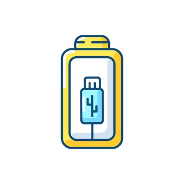 Batarya kablo RGB renk simgesi kullanarak şarj oluyor. Çalışan farklı akıllı aygıtlar çalışma süresini artırıyor. Şarj aletini tak. Çalışma gücü alıyorum. İzole vektör illüstrasyonu