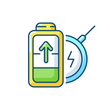 Batarya kablosuz olarak RGB renk simgesini yüklüyor. Uzun kablolar yok. Yenilikçi cihaz kullanımı. Modern teknolojiyle elektrik elde etmek. İzole vektör illüstrasyonu