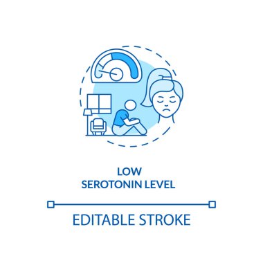 Düşük serotonin seviyesi konsept ikonu. SAD ince çizgi çizimine neden olur. Kronik stres. Fiziksel ve psikolojik belirtiler. Vektör izole edilmiş RGB renk çizimi. Düzenlenebilir vuruş