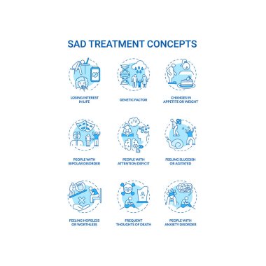 SAD treatment concept icons set. Mental health disorder idea thin line RGB color illustrations. Attention deficit. Feeling hopeless and worthless. Vector isolated outline drawings. Editable stroke clipart