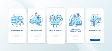 SAD 'ın mobil uygulama sayfa ekranında konseptlerle rahatlaması için ipuçları. Gün doğumu simülatörleri, organizatörler 5 adım grafik talimatlar. RGB renk resimleriyle UI vektör şablonu