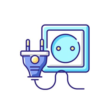 Endüstriyel teknoloji için soket RGB renk simgesi. Avrupa duvar prizi. Cihaz kablosu bağlantısı. Teknoloji için güç kaynağı. Kabloyla elektrik üretimi. İzole vektör illüstrasyonu