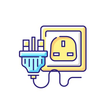 Endüstriyel güç çıkışı RGB renk simgesi. Birden fazla pimi olan bir fiş. Cihaz kablosu için ev prizi. Teknolojiye geçin. Elektrik bağlantısı var. Fişi tak. İzole vektör illüstrasyonu