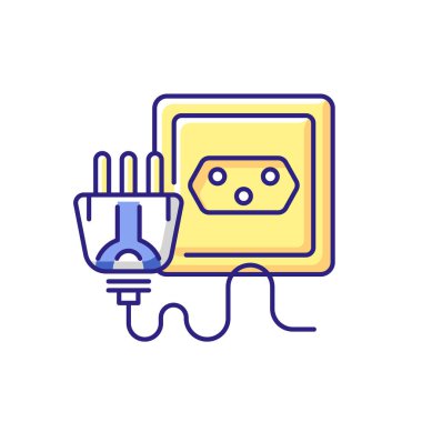 RGB renk ikonunda endüstriyel güç dolgusu. Çoklu lobutlu N tipi kablo. Elektriğe kablo bağlantısı. Alet teli. Elektrik prizinden ayrılmış. İzole vektör illüstrasyonu