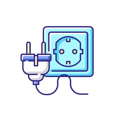 Kablo RGB renk simgesi için elektrik ekleme. F tipi sokete kablo takın. Güç kaynağı, cihaz için enerji. Kablo çıkarıldı. Ev teknolojisi için elektrik. İzole vektör illüstrasyonu