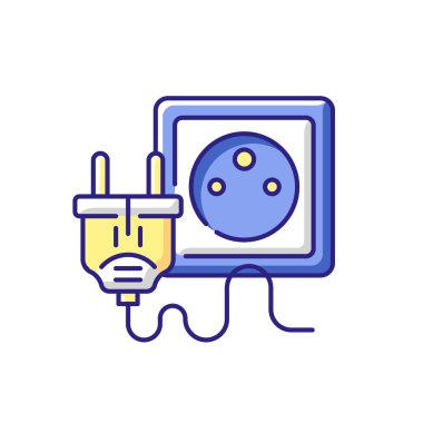 Teknolojik RGB renk simgesi için elektrik prizi. Priz için K tipi kablo. Cihazın fişini çek. Elektrik kablosu. Güç kaynağı, enerji üretimi. Elektrik bağlantısı var. İzole vektör illüstrasyonu