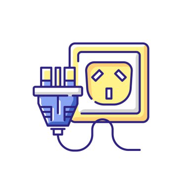 Kablo RGB renk simgesi için çıkış noktası. Fişte birden fazla pim var. Güç kaynağı için soket. Cihaz kablosunu kes. Ev enerjisi üretimi. Elektrik için Çin kablosu. İzole vektör illüstrasyonu