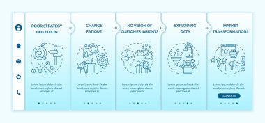 Vektör şablonunda iş sorunları var. Yorgunluğu değiştir. Müşteri görüşü yok. Veri yüklemesi. Simgeli ilgili mobil web sitesi. Web sayfası basamak ekranları. RGB renk kavramı