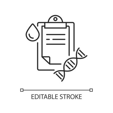 DNA testi doğrusal simgesi. Genetik kararlılık. Tıbbi araştırma sonucu olan bir pano. Kan testi. İnce çizgi özelleştirilebilir illüstrasyon. Contour sembolü. Vektör izole çizim. Düzenlenebilir vuruş