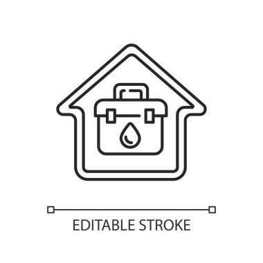 Evde kan testi doğrusal ikonu. Tıbbi analiz. Sağlık sigortası kontrolü. Ev doktoru aradı. İnce çizgi özelleştirilebilir illüstrasyon. Contour sembolü. Vektör izole çizim. Düzenlenebilir vuruş