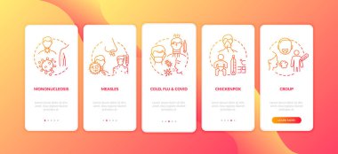 Viral boğaz iltihabı, mobil uygulama sayfa ekranında konseptlere neden oluyor. Mononükleoz, boğmaca 5 adım grafik talimatlar. RGB renk resimleriyle UI vektör şablonu