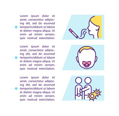 Metin ile boğaz risk faktörleri konsepti simgesi. Ateşin ardından gelecek sorunları. Güçlü ağrılar başlıyor. PPT sayfa vektör şablonu. Broşür, dergi, kitapçık tasarım ögesi doğrusal çizimler