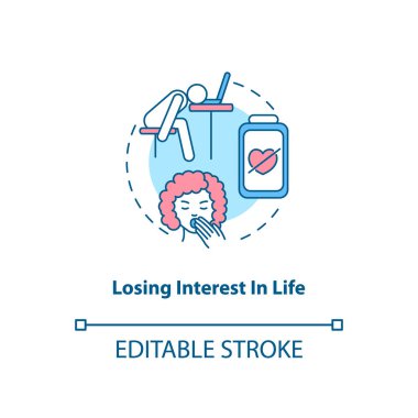 Yaşam konsepti ikonuna olan ilgimi kaybediyorum. SAD semptom fikri ince çizgi çizimi. Zevk alma yetersizliği. Büyük depresif bozukluk. Vektör izole edilmiş RGB renk çizimi. Düzenlenebilir vuruş
