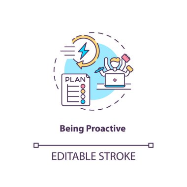 Proaktif konsept ikonu olmak. SAD 'ın ince çizgi çizimini kolaylaştıracak ipuçları. Yaşam ve eylemlerin sorumluluğunu almak. Ertelemek. Vektör izole edilmiş RGB renk çizimi. Düzenlenebilir vuruş