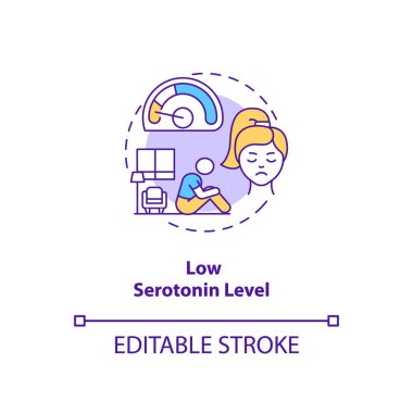Düşük serotonin seviyesi konsept ikonu. SAD ince çizgi çizimine neden olur. Kronik stres. Depresyon, endişe ve uyku sorunu. Vektör izole edilmiş RGB renk çizimi. Düzenlenebilir vuruş
