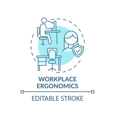 İşyeri ergonomik konsept simgesi. İş yeri güvenliği endişeleri. Ticari fikirlerin ince çizgileri için tüm becerileri muhafaza etmek. Vektör izole edilmiş RGB renk çizimi. Düzenlenebilir vuruş