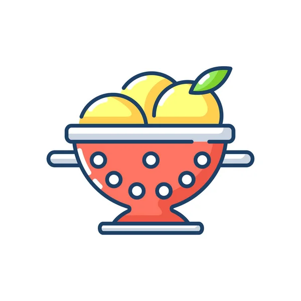 Colander Rgb彩色图标 过滤以冲洗水果 用小孔把水果放在锅里洗 烹饪用的厨具 准备食物用的Utensil 营养配方是很重要的 孤立的矢量说明 — 图库矢量图片