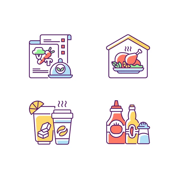 Online Restaurant Delivery Rgb Color Icons Set Vegan Menu Home — Stock Vector