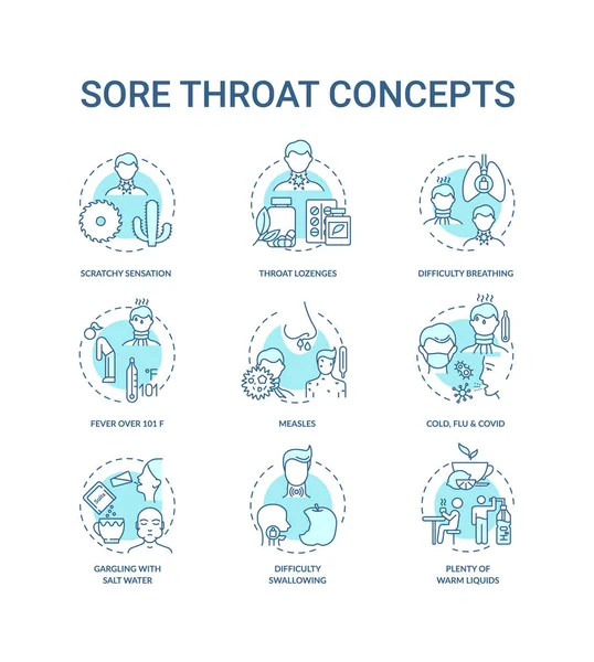 Sore Throat Concept Icons Set Cold Flu Covid Idea Thin — Stock Vector