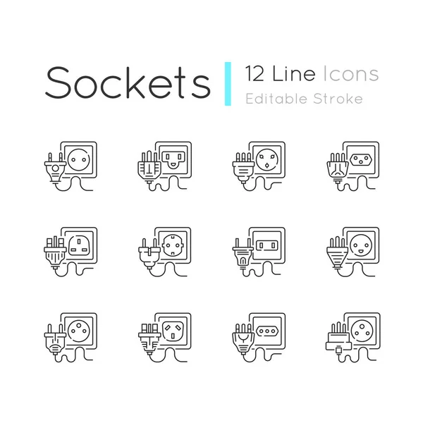 Conjunto Iconos Lineales Sockets Tipos Toma Corriente Desconecte Los Cables — Archivo Imágenes Vectoriales