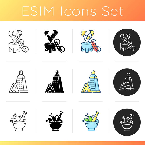 Kitchen utensils icons set. Coddler for soft boiled egg yolk. Cheese grater. Mortar and pestle. Mix condiments. Cooking food. Linear, black and RGB color styles. Isolated vector illustrations