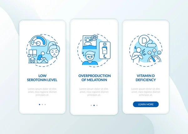 Sadは概念とオンボーディングモバイルアプリページ画面を引き起こします 低セロトニン ビタミンDレベルは 3つの手順のグラフィック指示を歩きます Rgbカラーイラスト付きUiベクトルテンプレート — ストックベクタ