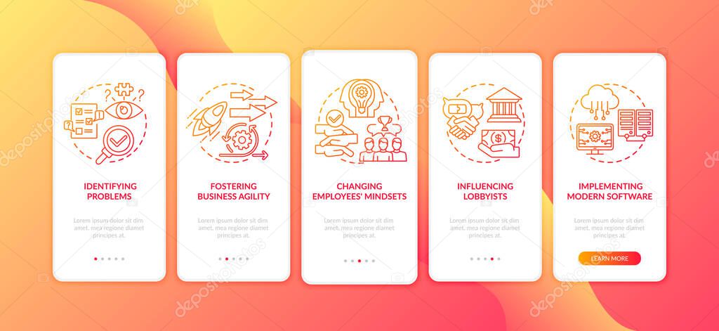 Business counseling tasks onboarding mobile app page screen with concepts. Changing employees mindsets walkthrough 5 steps graphic instructions. UI vector template with RGB color illustrations