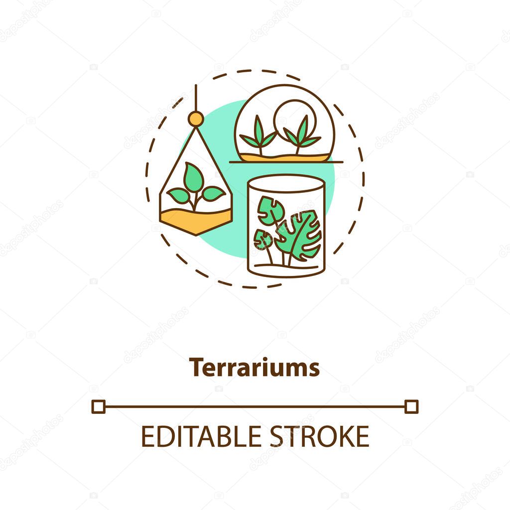 Terrarium concept icon. Plant in jar. Succulent growing. Cactus in bottle. Home interior decoration. Biophilia idea thin line illustration. Vector isolated outline RGB color drawing. Editable stroke