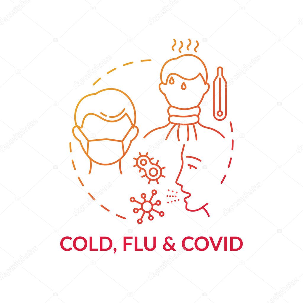 Cold, flu and covid concept icon. Contagious respiratory illness idea thin line illustration. Seasonal influenza and pneumonia. Nasal congestion. Vector isolated outline RGB color drawing