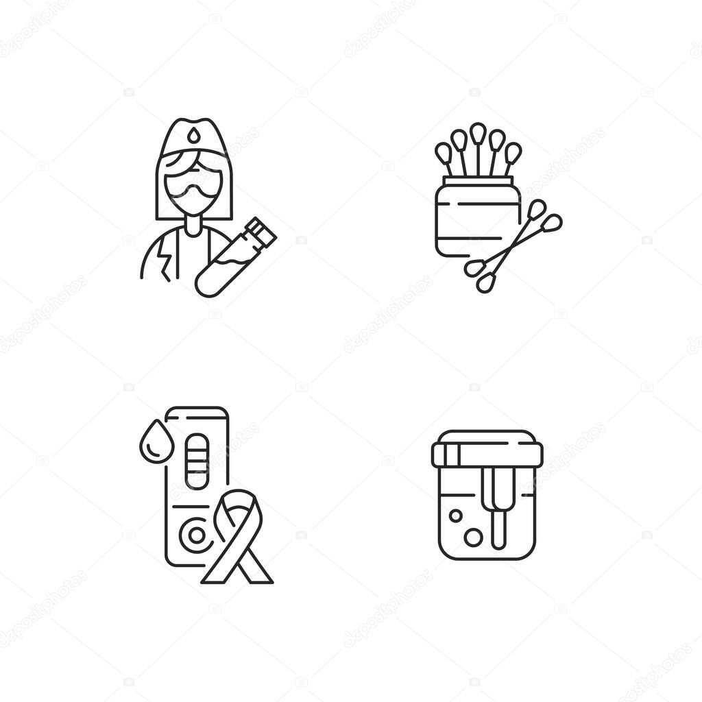 Medical laboratory diagnostic linear icons set. Medical equipment for blood test. Lab worker. Customizable thin line contour symbols. Isolated vector outline illustrations. Editable stroke