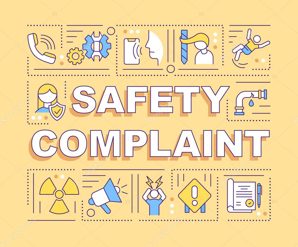 Safety complaint word concepts banner. Unsafe working conditions. Work-related injuries. Infographics with linear icons on yellow background. Isolated typography. Vector outline RGB color illustration