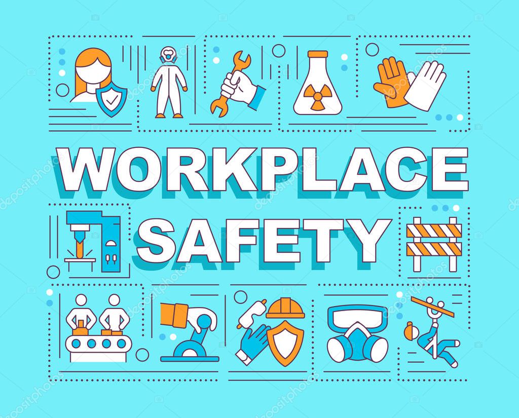 Workplace safety word concepts banner. Working environment. Employees wellbeing. Infographics with linear icons on turquoise background. Isolated typography. Vector outline RGB color illustration