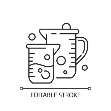 Beaker doğrusal simgesi. Düz tabanlı silindirik konteynır. Tutma, karıştırma ve ısıtma reaktörleri. İnce çizgi özelleştirilebilir illüstrasyon. Contour sembolü. Vektör izole çizim. Düzenlenebilir vuruş