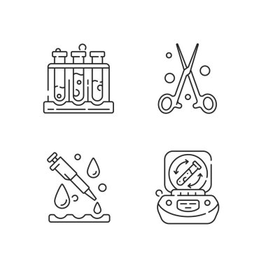 Laboratuvar araçları doğrusal simgeler ayarlandı. Dik duran çoklu test tüpleri. Forseps, pipette. Özelleştirilebilir ince çizgi şekilleri. İzole vektör çizimi çizimleri. Düzenlenebilir vuruş